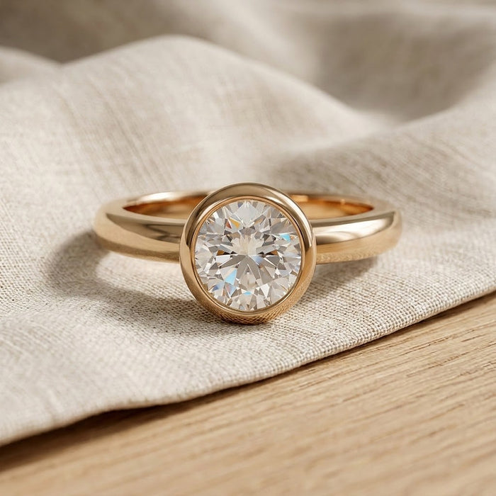 9ct gold bezel solitaire with moissanite resting on linen - Minted Jewellery