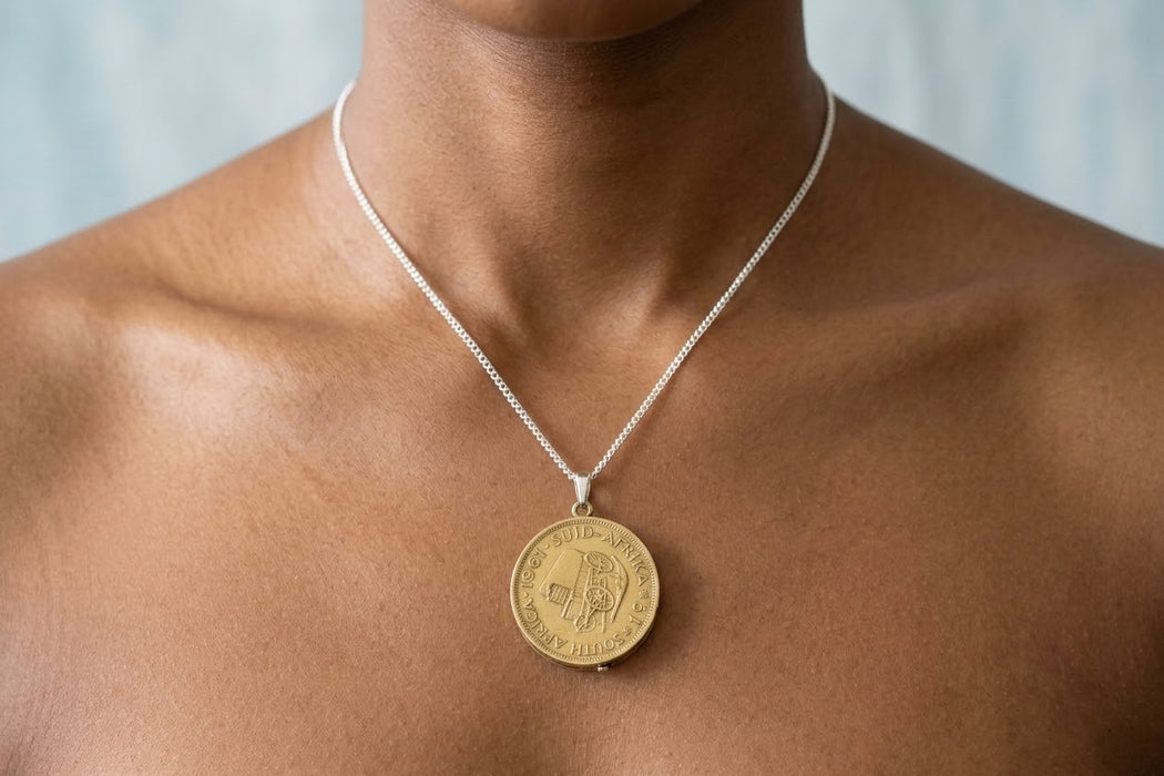 Brass coin locket worn - Minted Jewellery