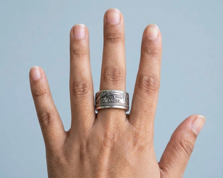 Isle of Man Angel silver coin ring worn on the hand - Minted Jewellery