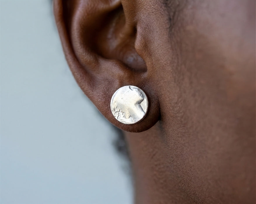 Silver coin stud earring worn - Minted Jewellery