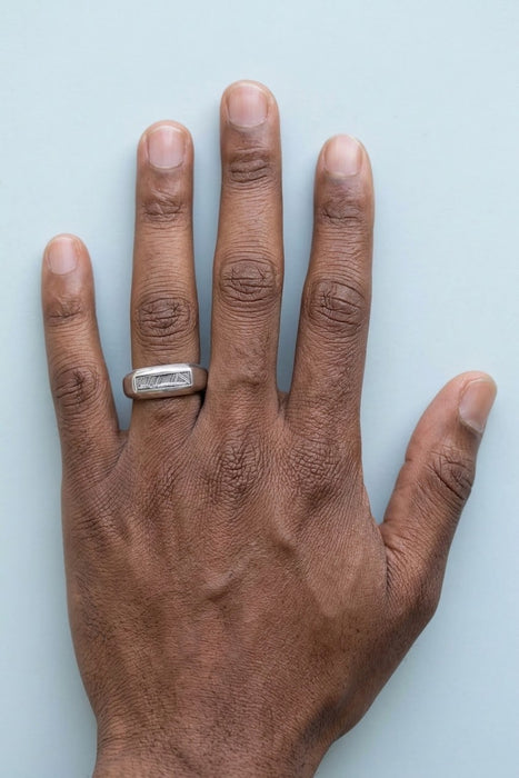 Men's silver meteorite ring worn on the ring finger - Minted Jewellery