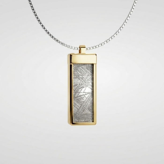 Muonionalusta meteorite tag necklace in 9ct yellow gold on a silver box chain - Minted Jewellery