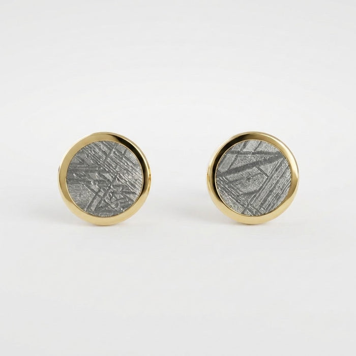 Round Muonionalusta meteorite stud earrings in 9ct yellow gold - Minted Jewellery