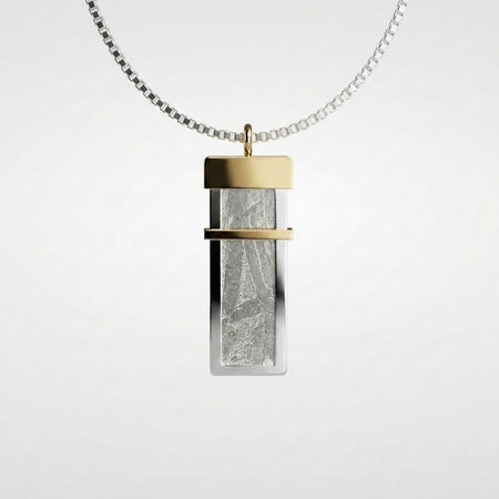 Seymchan meteorite tag necklace in sterling silver and 9ct yellow gold on a box chain - Minted Jewellery