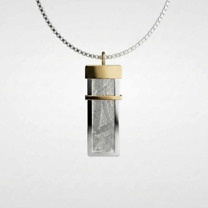 Seymchan meteorite tag necklace in sterling silver and 9ct yellow gold on a box chain - Minted Jewellery