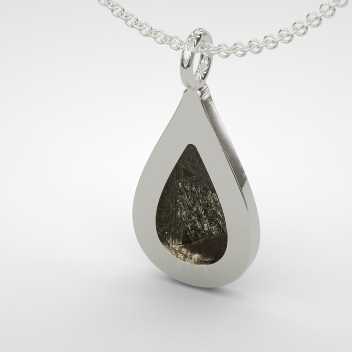 Back of the Seymchan meteorite teardrop pendant, with its open window - Minted Jewellery