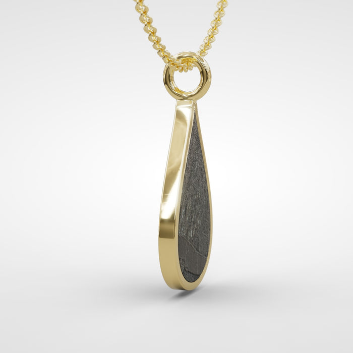 Side view of the Seymchan meteorite teardrop pendant, with the meteorite flush in its bezel - Minted Jewellery