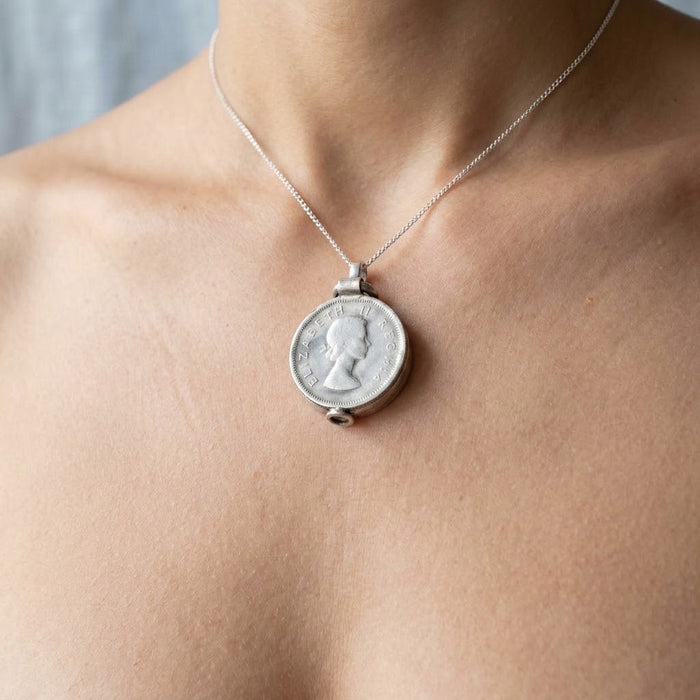Silver coin locket necklace worn - Minted Jewellery