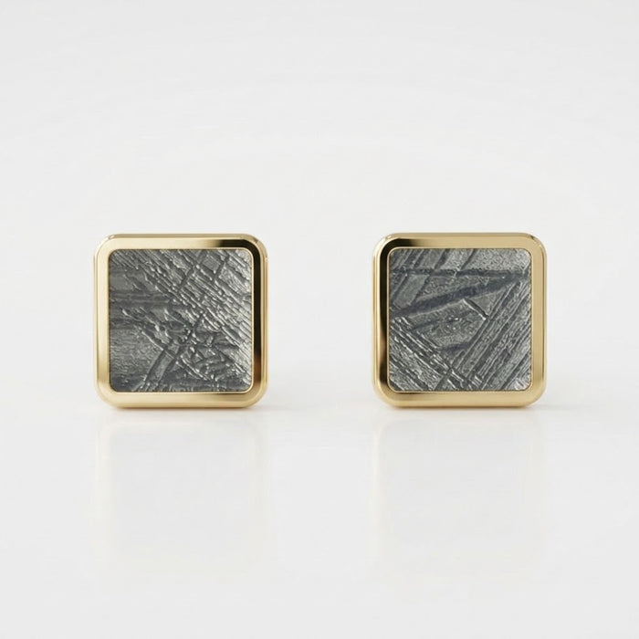 Square Muonionalusta meteorite stud earrings in 9ct yellow gold - Minted Jewellery