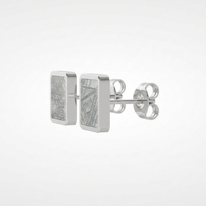 Side view of the square Muonionalusta meteorite stud earrings in sterling silver, with butterfly backs - Minted Jewellery